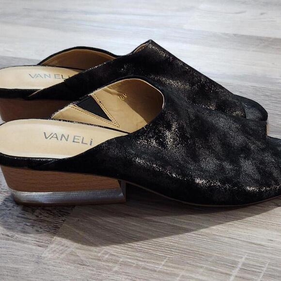 Vaneli Shoes Sz 10 WIDE Black Sparkled Alip On Wedge Clear Block Heel Peep Toe - Picture 1 of 5